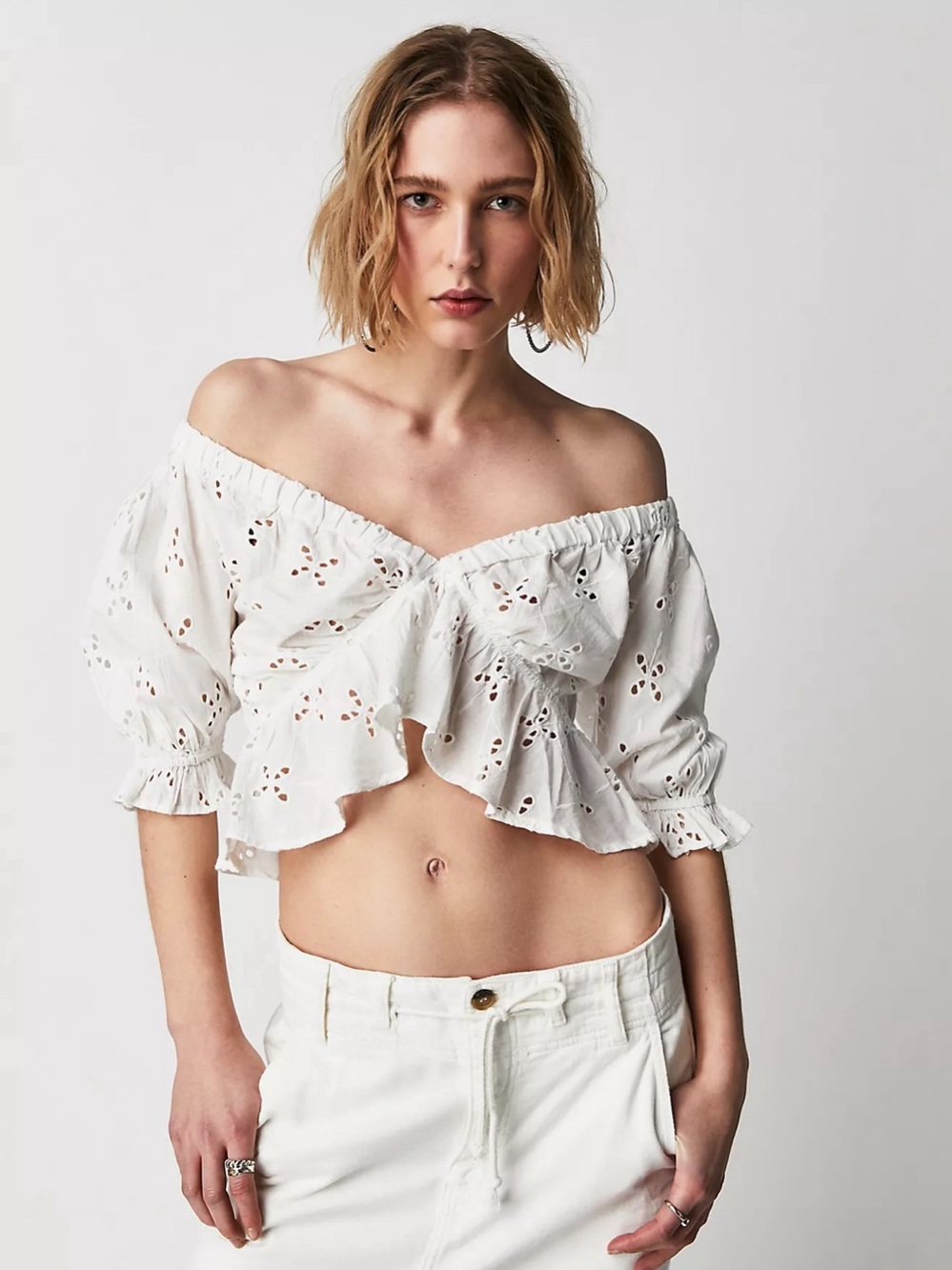 Free People Gardenia Eyelet Ruffle Puff Sleeve Cropped Blouse L Boho Cottagecore